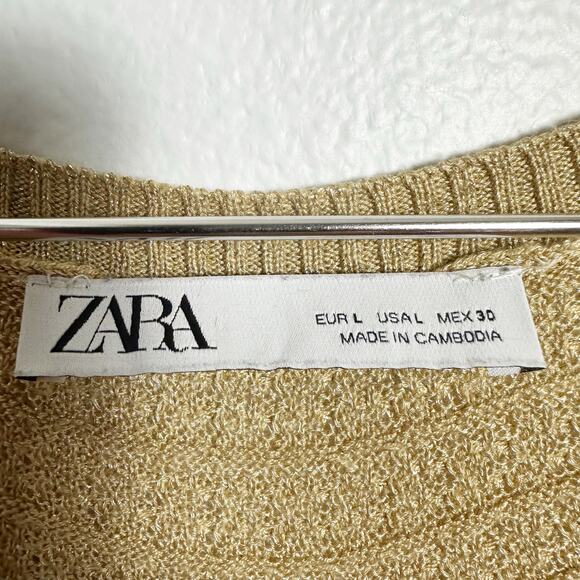 Zara Women's Gold Metallic Fringe Trim Tunic Top in Tan Camel sz L - Picture 6 of 8